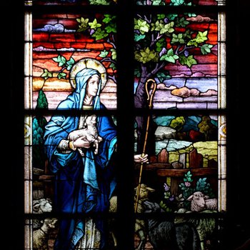 Good Shepherdess Window: Full View in Dark Chapel