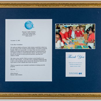 Plaque: A letter from Parsons' Little Scholars to the Blue Foundation for a Healthy Florida