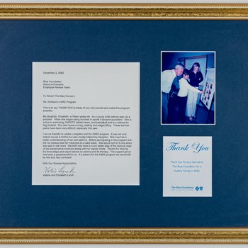 Plaque: A letter from Valerie and Elizabeth Lynch to Blue Foundation for a Healthy Florida