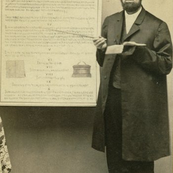 James White, cir. 1864 - whith him on the picture a board "The law of God"