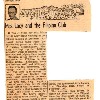 "Mrs. Lacy and the Filipino [Womens'] Club" - Stockton Record (MSS 252 Pearl Sweet Collection)