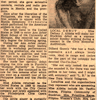 "Dalisay Aldaba, Filipino Soprano, to Make Local Debut Sunday" - Stockton Record (MSS 252 Pearl Sweet Collection)