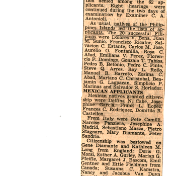 "Court Grants U.S. Citizenship to 53 in Naturalization Proceedings" - Stockton Record (MSS 252 Pearl Sweet Collection)