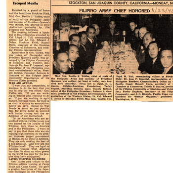 "Filipino Army Chief Honored" - Stockton Record (MSS 252 Pearl Sweet Collection)