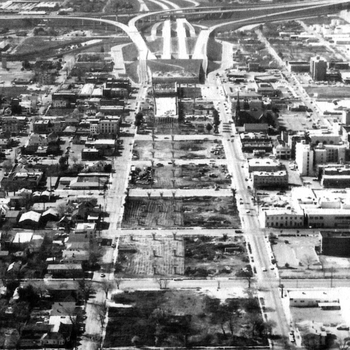 Overhead shot of Crosstown Freeway and former Little Manila