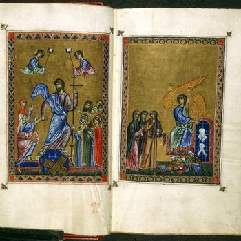 The Harrowing of Hell (left) and the three Marys at the tomb (right), the Melisende Psalter