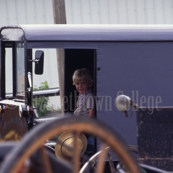 Amish boy in parked buggy