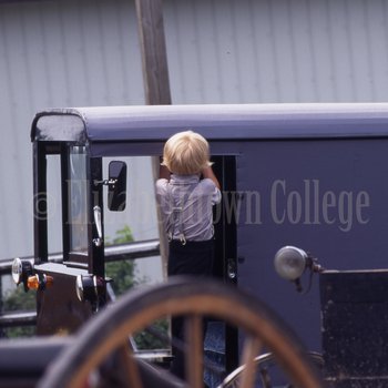 Small Amish boy entering buggy