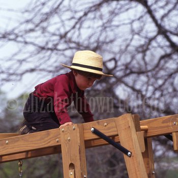 Amish boy climbs on monkey bars