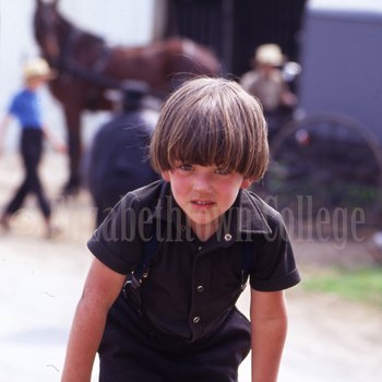 Amish boy leaning over fence