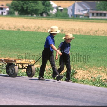 Amish children walking with wagon