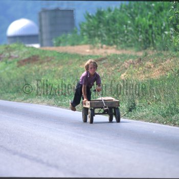 Boy riding wagon