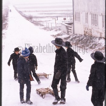 Amish children on snowy road