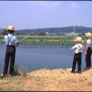 Three boys fish in lake
