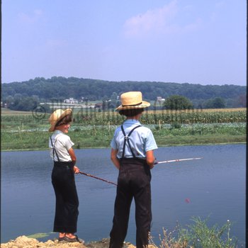 Boys stand on edge of pond