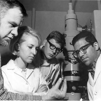 Biology Department, Frank Moyer and Students with Electron Microscope, 1967 1951