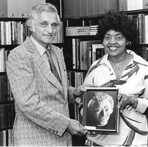 Woods Hall - Artist Gladys Beard Presents a Photo of Her Sculpture of Howard B. Woods to Chancellor Arnold Grobman 1377