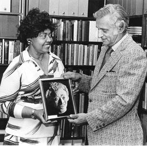 Woods Hall - Artist Gladys Beard Presents a Photo of Her Sculpture of Howard B. Woods to Chancellor Arnold Grobman 1378