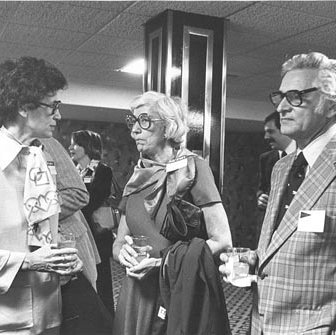 Hulda and Arnold Grobman, Chancellor, with Harriett Woods at Chancellor's Report to Community Reception, C. Late 1970s 2559