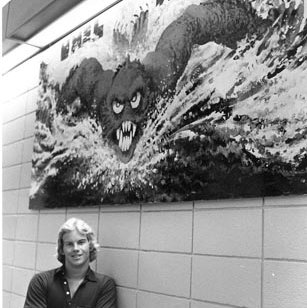 Current Cartoonist, Bill Wilson with UMSL Swim Team Painting in NatatoriUM C. 1970s 2716