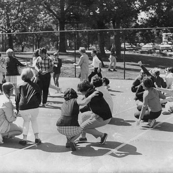 Physical Education on Tennis Court in Front of Administration Building 2868