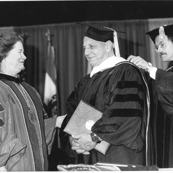 Honorary Degree Recipient Alfred Fleishman with Chancellor Touhill, Joseph Martinich 3293