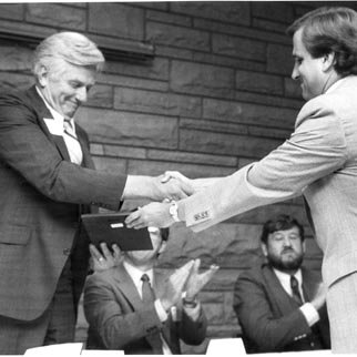 Dr. William Symes, President Monsanto Fund with Alumni Association President Tom Mayer, C. 1970s-1980s 3497