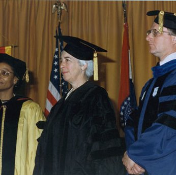 Commencement, Chancellor Barnett; Honorary Degree Recipient Emily Rauh Pulitzer; Mark Burkholder 4804