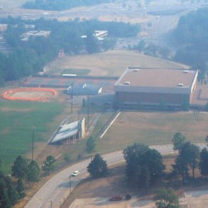 Aerial View Of Campus Looking North, Mark Twain, Athletic Field, West Drive, C. Late 1970s; 4973