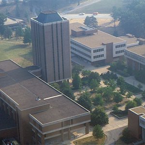Aerial View of Campus, SSB, Tower, Lucas and Clark Halls, C. Late 1970s 4996