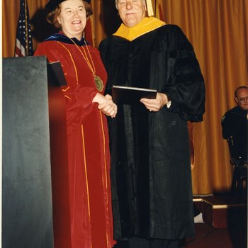 Commencement, Chancellor Touhill, Charles Hoessle Honorary Degree Recipient and St. Louis Zoo Director January 1994 5543