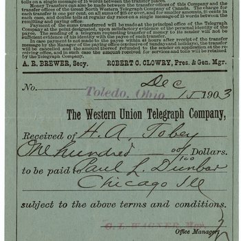 Receipt for $100.00 Telegraph to Dunbar