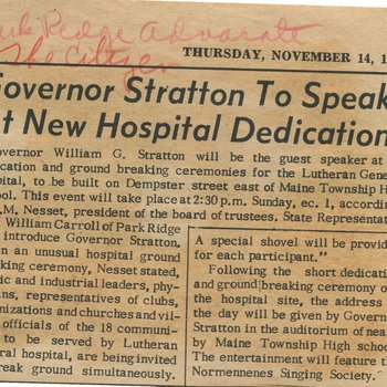 Governor Stratton To Speak At New Hospital Dedication, 1957 November