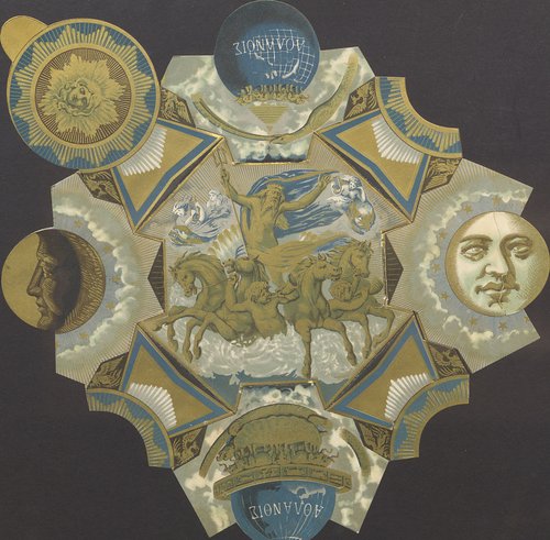 Invitation to the 1883 Rex Carnival Ball, New Orleans, La. Partially folded, features Poseidon with a Sun and Moon