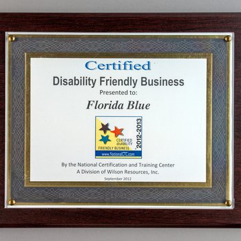 Certified Disability Friendly Business 2012-2013 plaque
