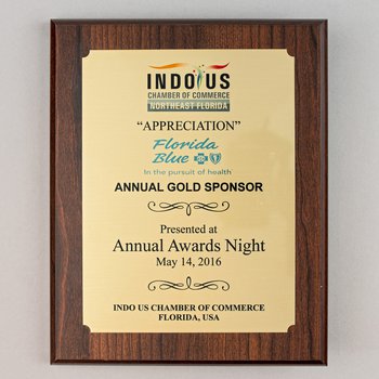 Indo US Chamber of Commerce Northeast Florida Annual Gold Sponsor plaque to FL Blue
