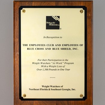 Weight Watchers Recognition plaque to the Employees Club and the Employees of Blue Cross Blue Shield, Inc., undated
