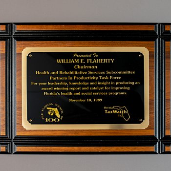 The Florida Council of 100/Florida Tax Watch Inc., to William E. Flaherty plaque,