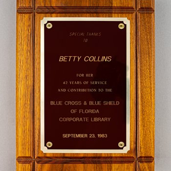 Blue Cross and Blue Shield of Florida Corporate Library to Betty Collins plaque
