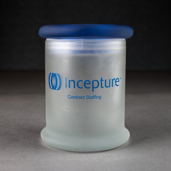 “Incepture” glass container w/ lid, undated