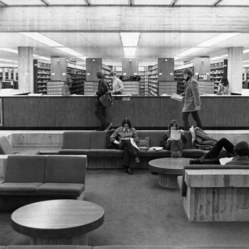 Students study at the Centennial Hall (1971) sunken lounge, St. Cloud State University