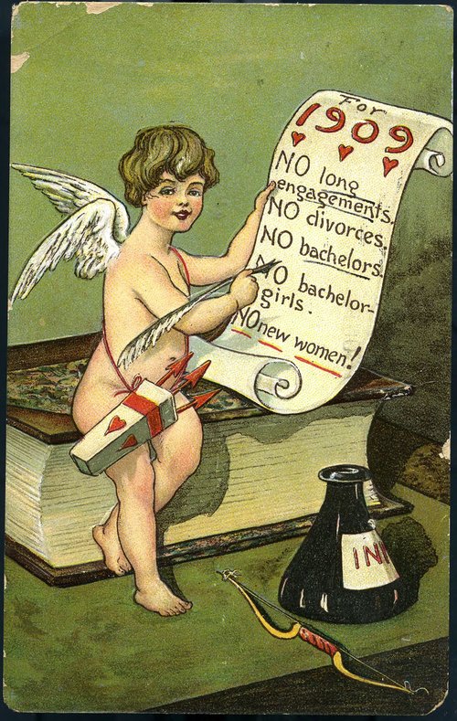 A Cupid figure writes on a scroll with a feather pen. Text: For 1909 no long engagements (underlined). No divorces. No bachelors (underlined). No bachelor-girls. No new women! (underlined)