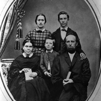 James and Ellen White family portrait with Edson and Willie. Also Adelia P. Patton, a family friend and household helper