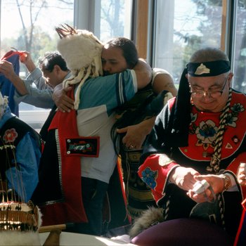Members of the Tlingit Nation put away regalia used to celebrate the return of the Bear Clan Totem on October 20, 2003