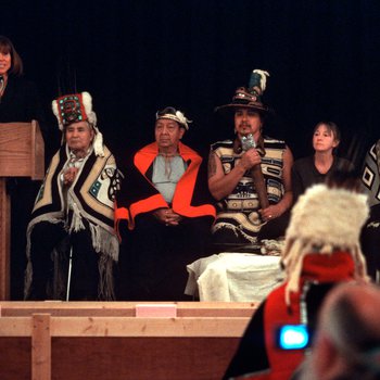 University of Northern Colorado President Kay Norton addresses the university community during a ceremony to repatriate "Totem Teddy" to the Tlingit Nation, October 20, 2003