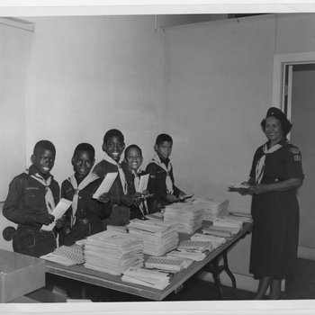 Boy Scout Troop Filling Envelopes, 1951
