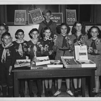Boy Scouts and Girl Scouts Selling Christmas Seals, 1945
