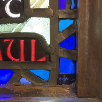 Detail, Artist’s Signature from the St. Luke and St. Paul Window.