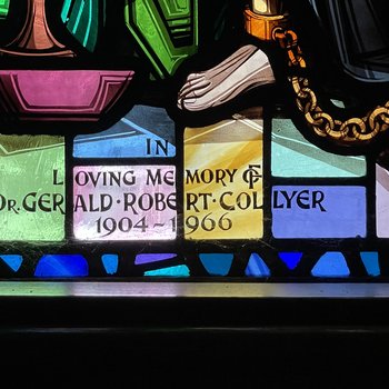 Detail, Inscription to Dr. Collyer from St. Luke and St. Paul Window