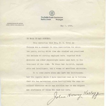 Letter of recommendation for Petra Toral from John Harvey Kellogg